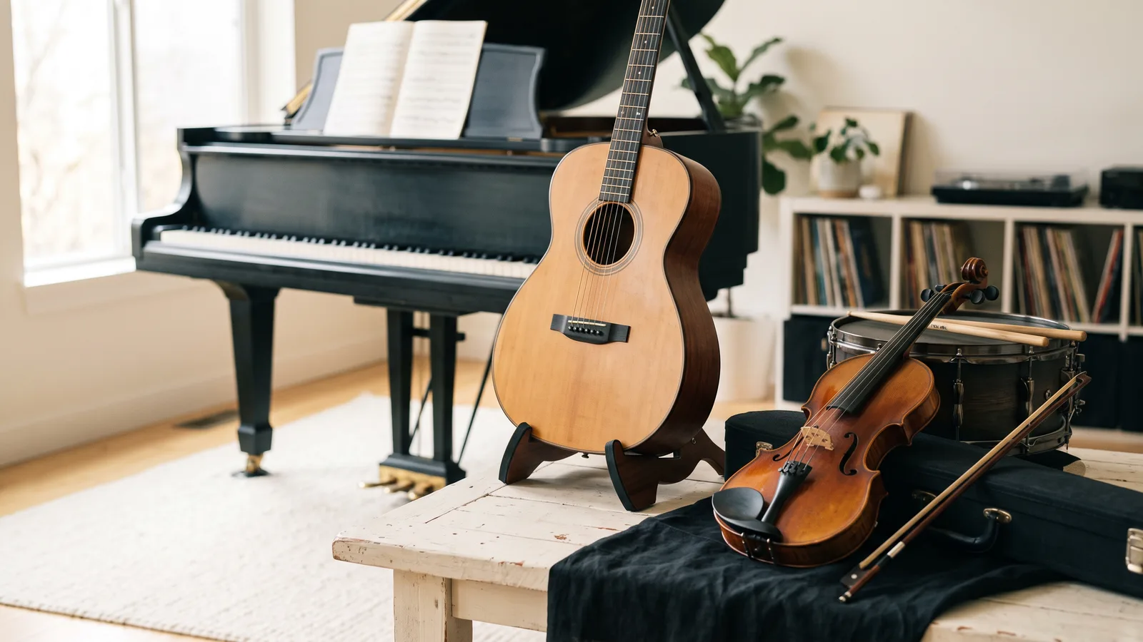 Farklı enstrümanların (piyano, gitar, keman, davul) bir müzik odasında yan yana sergilenmesi