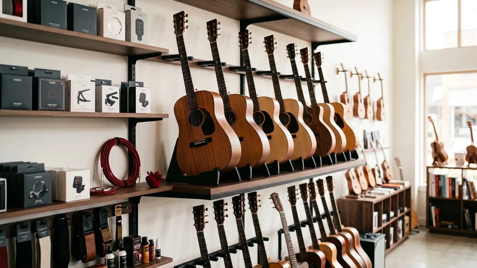 Bir müzik mağazasında raflarda sergilenen orijinal enstrümanlar ve aksesuarlar