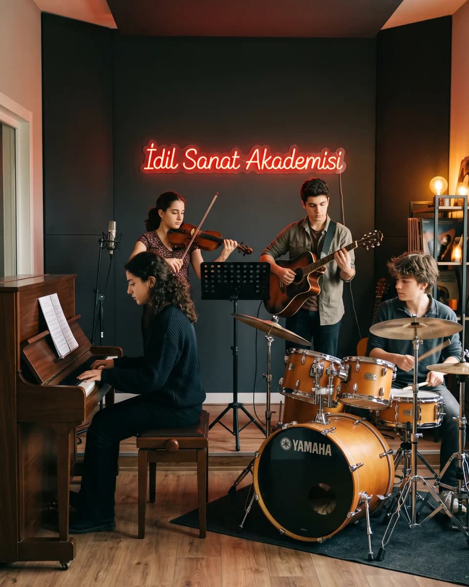Modern bir stüdyoda birlikte müzik yapan öğrenci grubu