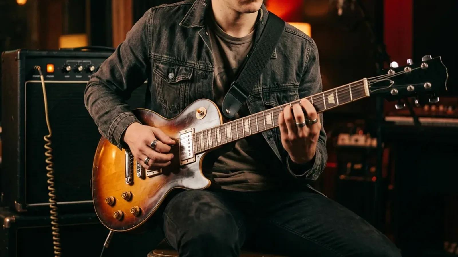 Elektro gitar çalan bir müzisyen ve amfisi